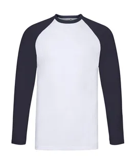 Fruit of the Loom Baseball T-shirt met lange mouwen in White/Deep Navy, voorkant