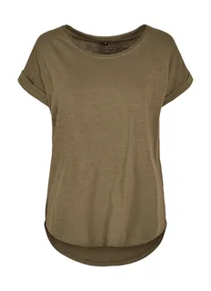 Build Your Brand Women's long slub T-shirt in Olive, voorkant