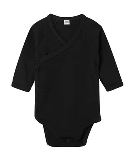 Babybugz Baby long-sleeved kimono bodysuit in Black, voorkant