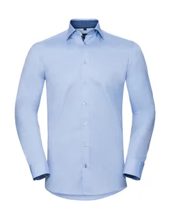 Russell Collection Herringbone overhemd met lange mouwen in Light Blue/Mid Blue/Bright Navy, voorkant