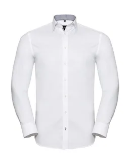 Russell Collection Herringbone overhemd met lange mouwen in White/Silver/Convoy Grey, voorkant
