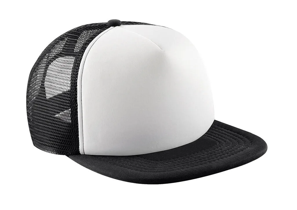 Beechfield Kids' vintage snapback trucker cap in Black/White, voorkant – te bedrukken met jouw logo of tekst