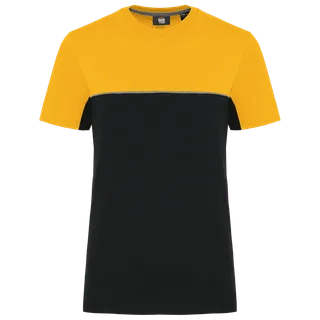 WK. Designed To Work Ecologisch tweekleurig uniseks T-shirt met korte mouwen in Black / Yellow, voorkant