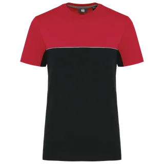 WK. Designed To Work Ecologisch tweekleurig uniseks T-shirt met korte mouwen in Black / Red, voorkant