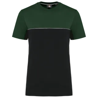 WK. Designed To Work Ecologisch tweekleurig uniseks T-shirt met korte mouwen in Black / Forest Green, voorkant