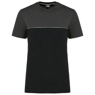 WK. Designed To Work Ecologisch tweekleurig uniseks T-shirt met korte mouwen in Black / Dark Grey, voorkant