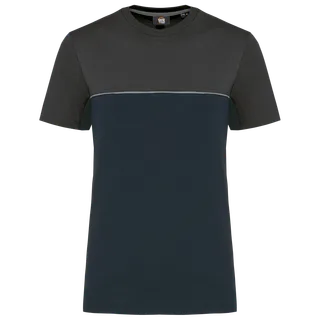 WK. Designed To Work Ecologisch tweekleurig uniseks T-shirt met korte mouwen in Navy / Dark Grey, voorkant