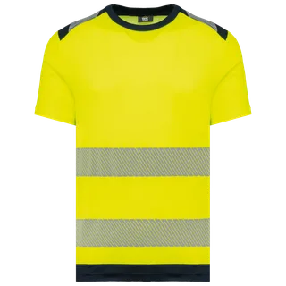 WK. Designed To Work Recycled safety T-Shirt crew neck short sleeves in Hi Viz Yellow / Navy, voorkant