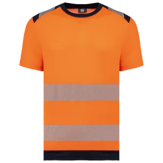 WK. Designed To Work Recycled safety T-Shirt crew neck short sleeves in Hi Viz Orange / Navy, voorkant