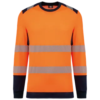WK. Designed To Work Recycled safety T-Shirt long sleeves in Hi Viz Orange / Navy, voorkant