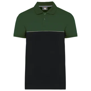 WK. Designed To Work Ecologische uniseks polo met korte mouwen in twee kleuren in Black / Forest Green, voorkant