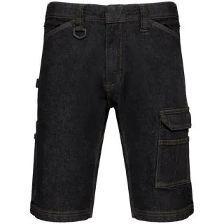 WK. Designed To Work Men's multipocket denim bermuda shorts in Black Rinse, voorkant