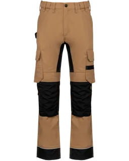 WK. Designed To Work Gerecycled performance heren werkbroek in Camel / Black, voorkant