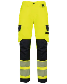 WK. Designed To Work Recycled safety multipocket trousers in Hi Viz Yellow / Navy, voorkant