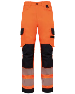 WK. Designed To Work Recycled safety multipocket trousers in Hi Viz Orange / Navy, voorkant