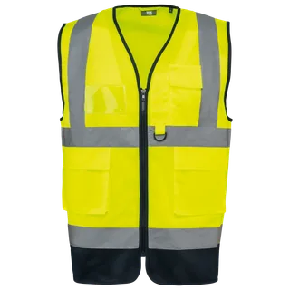 WK. Designed To Work Recycled HI-VIZ SAFETY VEST with zip in Hi Viz Yellow / Navy, voorkant
