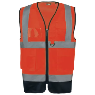 WK. Designed To Work Recycled HI-VIZ SAFETY VEST with zip in Hi Viz Orange / Navy, voorkant