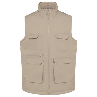 WK. Designed To Work Gewatteerde uniseks bodywarmer van polykatoen multizakken in Beige, voorkant
