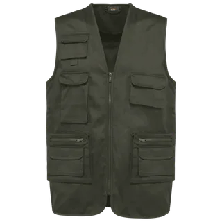 WK. Designed To Work Gevoerde uniseks gilet van polykatoen multizakken in Dark Khaki, voorkant