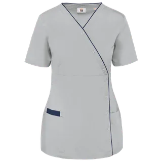 WK. Designed To Work Damesblouse van polykatoen met drukknopen in Snow Grey, voorkant