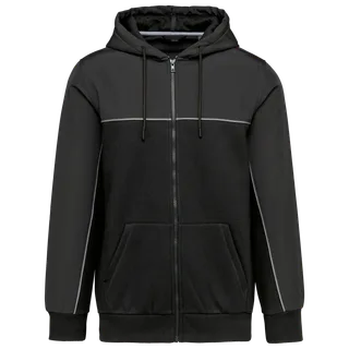 WK. Designed To Work Unisex eco-friendly zipped two-tone fleece hoodie in Black / Dark Grey, voorkant