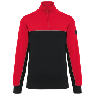 WK. Designed To Work Ecologische uniseks sweater met ritskraag in Black / Red, voorkant