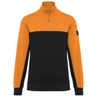 WK. Designed To Work Ecologische uniseks sweater met ritskraag in Black / Orange, voorkant