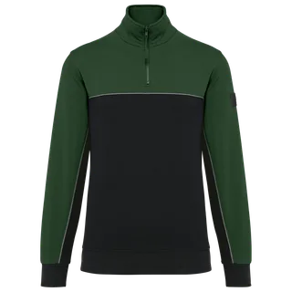 WK. Designed To Work Ecologische uniseks sweater met ritskraag in Black / Forest Green, voorkant