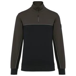 WK. Designed To Work Ecologische uniseks sweater met ritskraag in Black / Dark Grey, voorkant