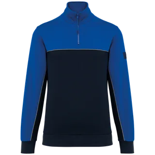 WK. Designed To Work Ecologische uniseks sweater met ritskraag in Navy / Royal Blue, voorkant