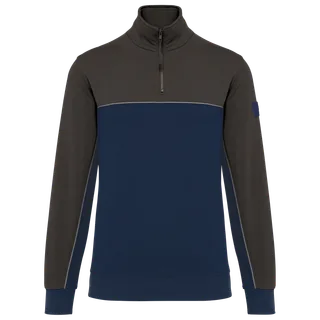 WK. Designed To Work Ecologische uniseks sweater met ritskraag in Navy / Dark Grey, voorkant