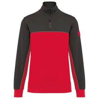 WK. Designed To Work Ecologische uniseks sweater met ritskraag in Red / Dark Grey, voorkant