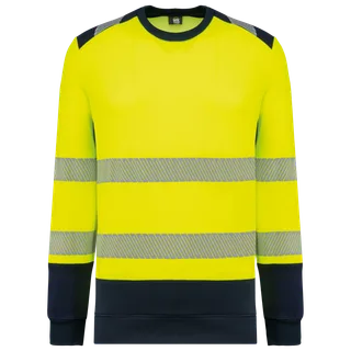 WK. Designed To Work Gerecyclede veiligheidssweater ronde hals in Hi Viz Yellow / Navy, voorkant