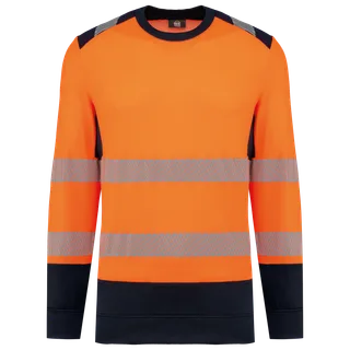 WK. Designed To Work Gerecyclede veiligheidssweater ronde hals in Hi Viz Orange / Navy, voorkant