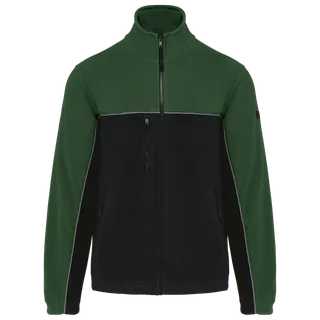 WK. Designed To Work Unisex eco-friendly two-tone polarfleece jacket in Black / Forest Green, voorkant
