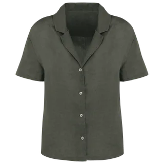 Spasso Damesoverhemd met korte mouwen en bowlingkraag van linnen in Organic Khaki, voorkant