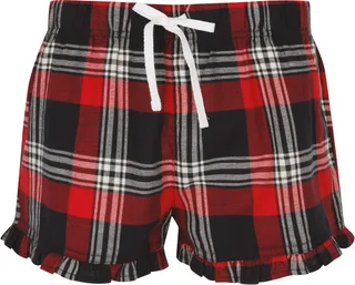 SF Clothing Women's tartan check lounge shorts with ruffle in Red / Navy Check, voorkant
