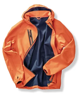 Result Recycled 3-layer unisex recycled softshell jacket with hood in Orange / Navy, voorkant