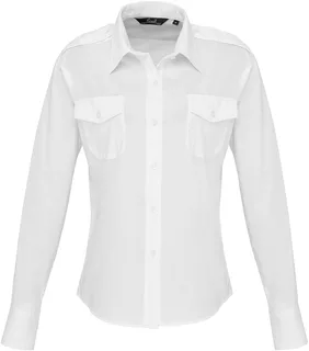 Premier Ladies' Long-Sleeved Pilot Shirt in White, voorkant