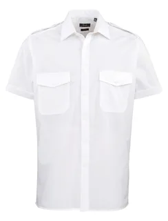 Premier Men's Short-Sleeved Pilot Shirt in White, voorkant