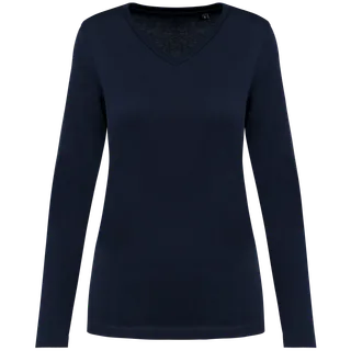 Kariban Premium Ladies' V-neck long-sleeved Supima® t-shirt in Deep Navy, voorkant