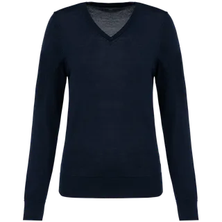 Kariban Premium Ladies' V-neck merino jumper in Deep Navy, voorkant