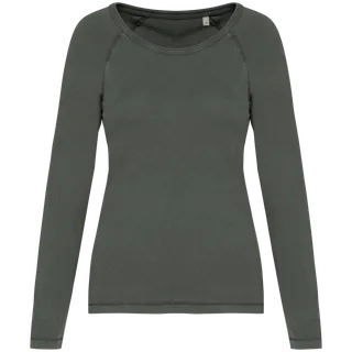 Native Spirit Ecologisch dames T-shirt met lange raglanmouwen in Washed Organic Khaki, voorkant