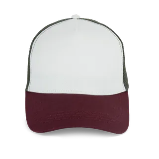 Native Spirit Ecologische uniseks truckerpet met 5 panelen in Ivory / Dark Cherry / Organic Khaki, voorkant