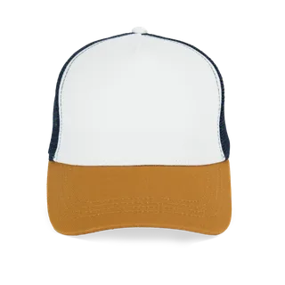 Native Spirit Ecologische uniseks truckerpet met 5 panelen in Ivory / Curcuma / Navy Blue, voorkant