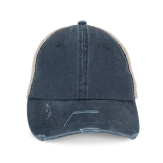 Native Spirit Eco-friendly unisex ripped effect trucker cap in Washed Navy Blue / Beige, voorkant