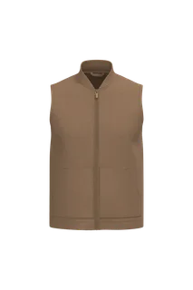 Native Spirit Ecologische gevoerde uniseks bodywarmer van twill met teddykraag in Dark camel, voorkant