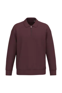 Native Spirit Ecologische uniseks sweater met kwartrits, polokraag en afhangende schouders in Dark Cherry, voorkant
