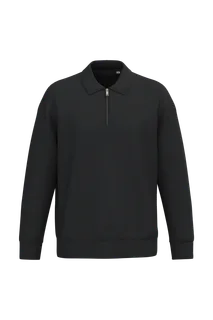 Native Spirit Ecologische uniseks sweater met kwartrits, polokraag en afhangende schouders in Black, voorkant