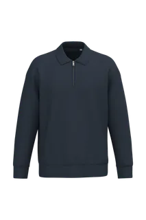 Native Spirit Ecologische uniseks sweater met kwartrits, polokraag en afhangende schouders in Navy Blue, voorkant